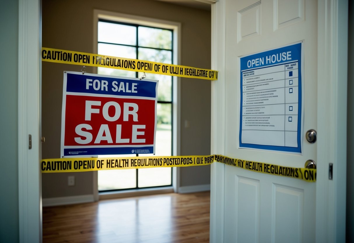 An empty open house with a "For Sale" sign, caution tape, and a list of health regulations posted on the door