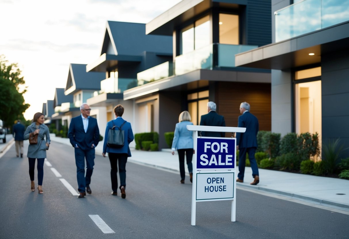 A quiet street with a "For Sale" sign outside a modern home. Few people are entering the open house, while others walk past without stopping