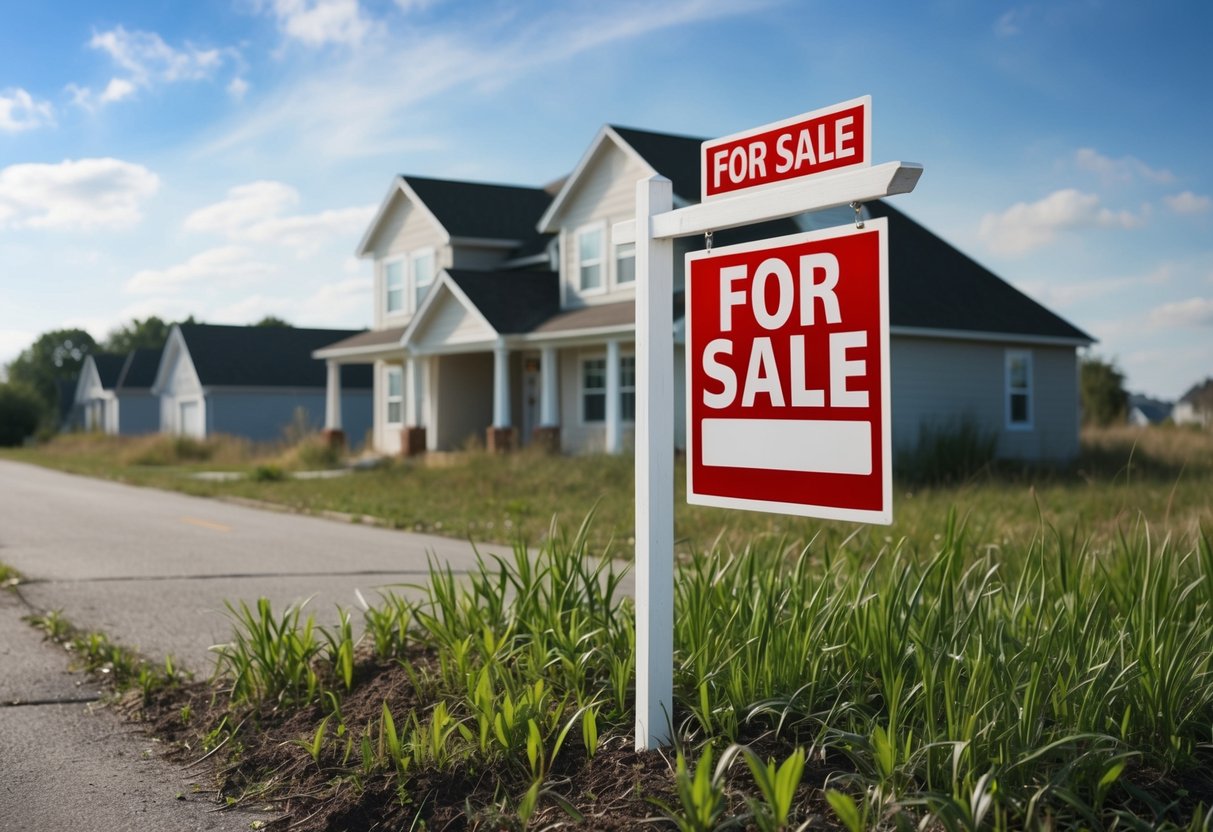 An empty open house with a "For Sale" sign, surrounded by overgrown grass and a deserted street