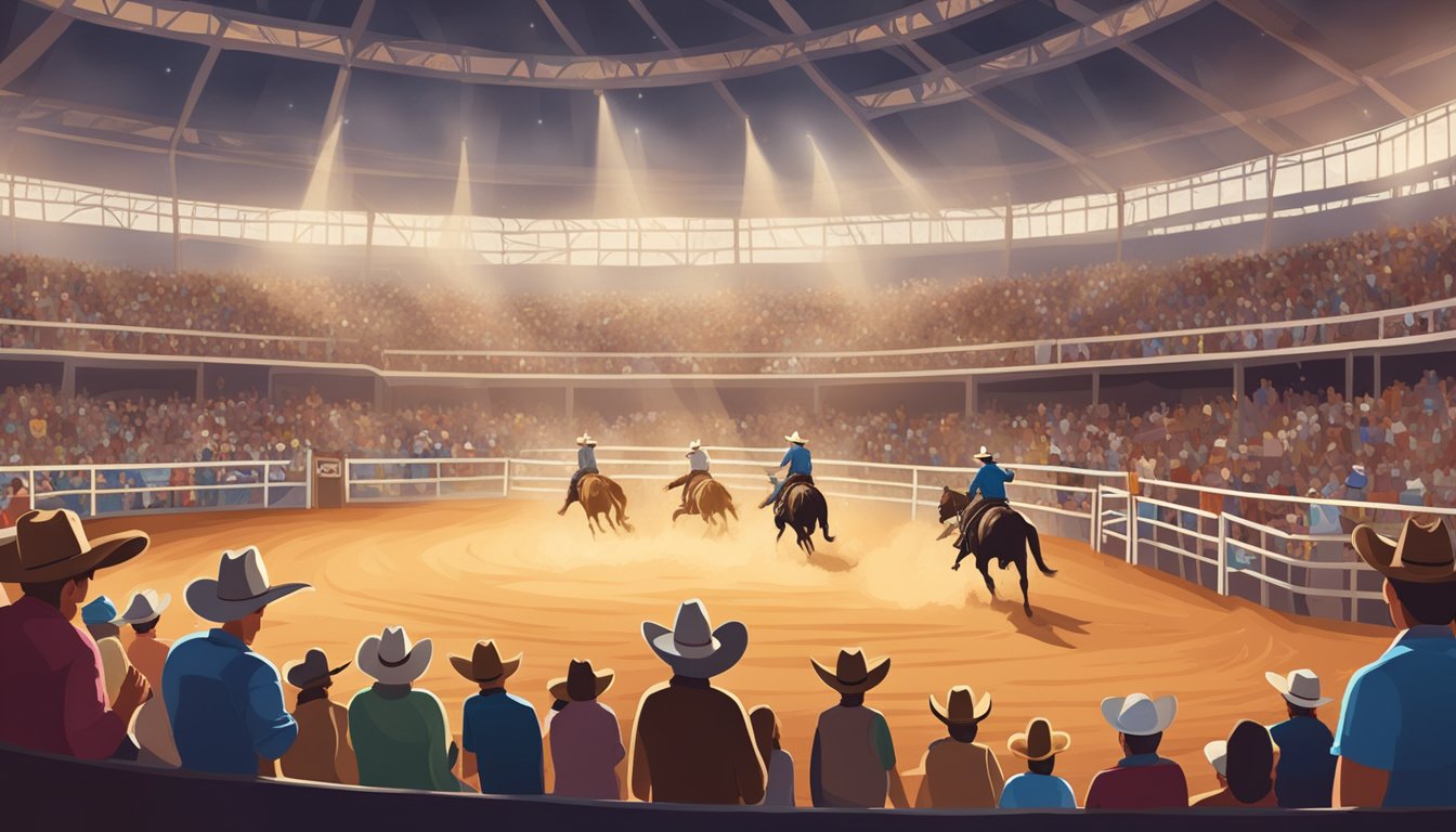 A dusty rodeo arena filled with cheering spectators, colorful banners, and cowboys competing in traditional rodeo events like bull riding and barrel racing