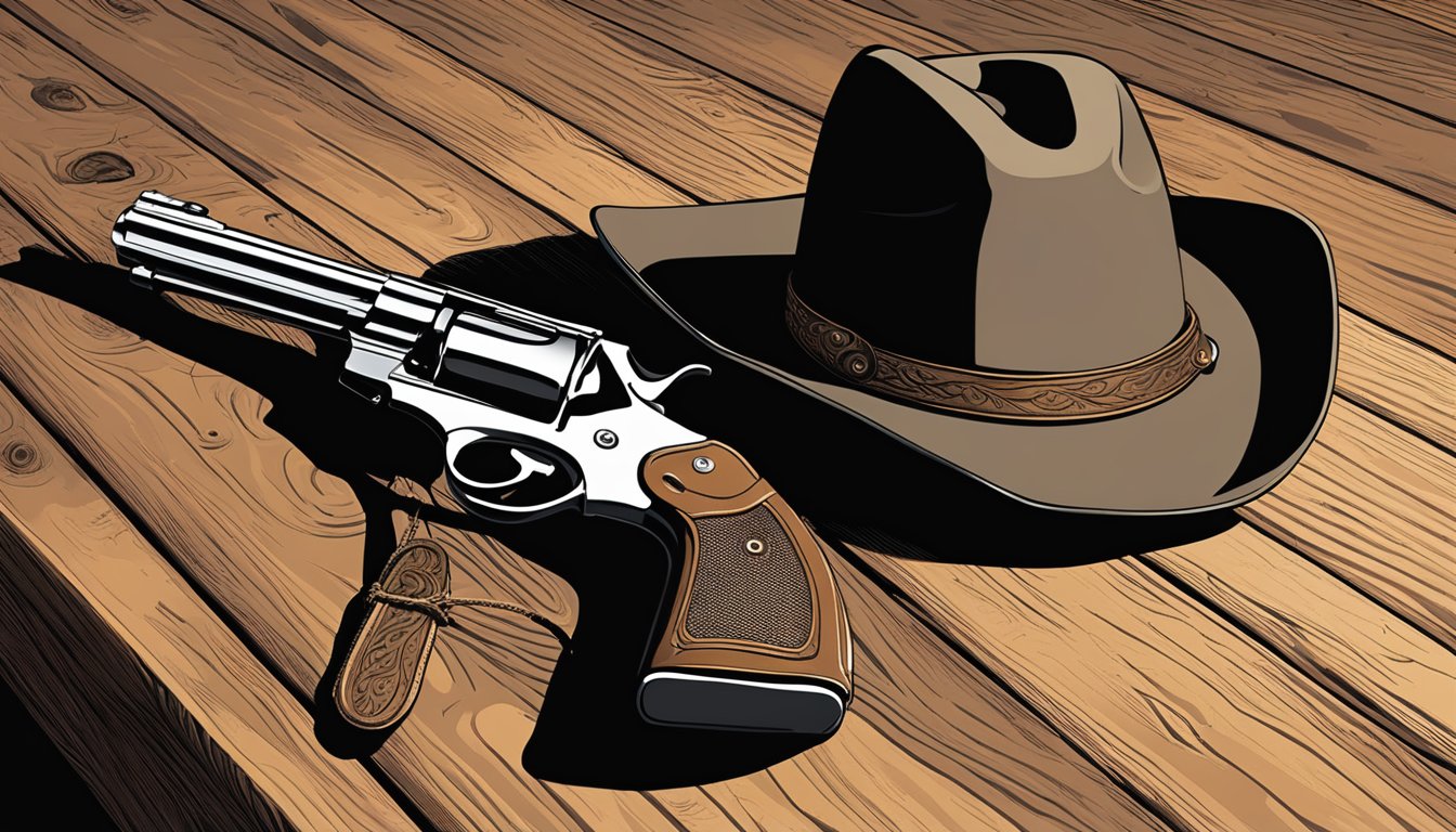 A lone revolver rests atop a weathered wooden table, surrounded by cowboy boots, hats, and a lasso. The setting sun casts a warm glow on the scene