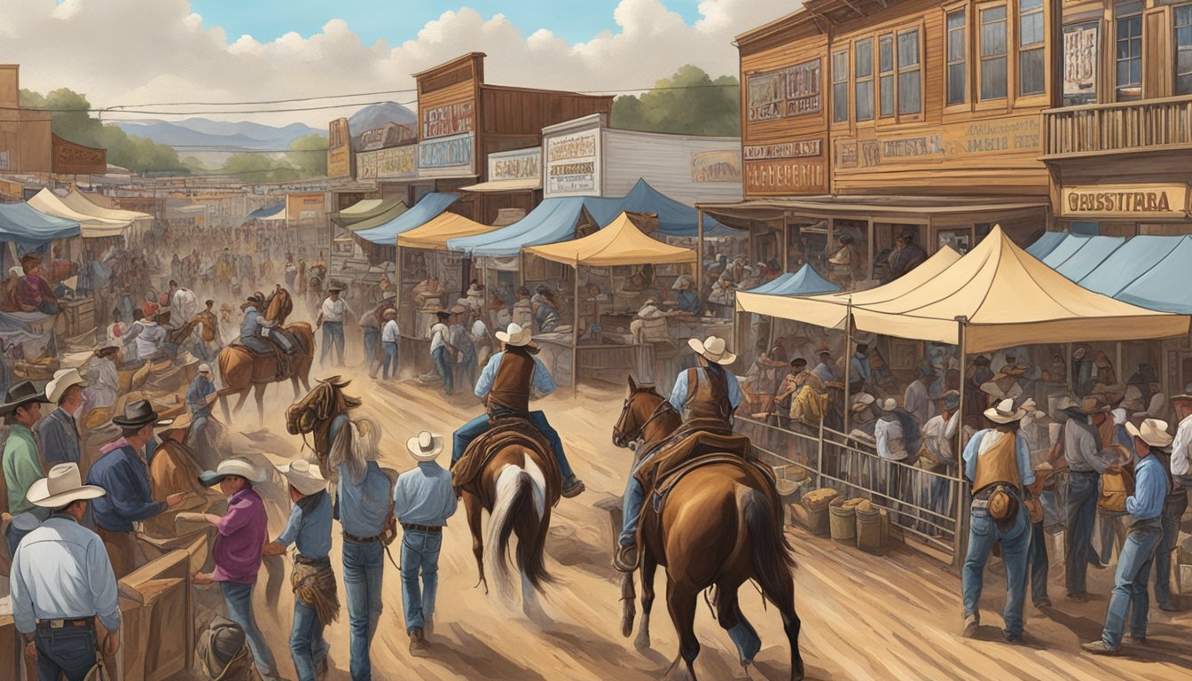 A bustling cowboy festival with rodeo competitions, live country music, and vendors selling western gear