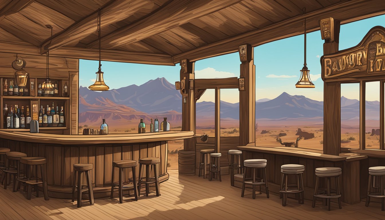 A dusty saloon with cowboy hats and revolvers on the bar, framed by swinging doors and a backdrop of desert mountains