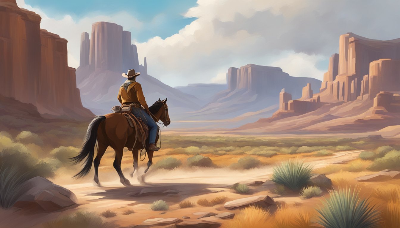 A lone cowboy rides through a rugged western landscape, with a mix of traditional and modern elements in the surroundings