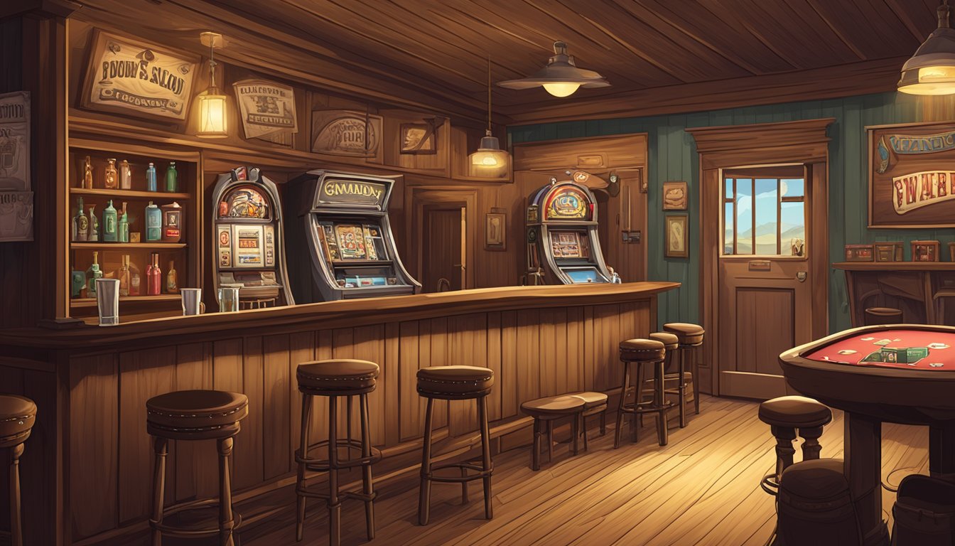 A dusty saloon with swinging doors, a poker table, and a jukebox. A wanted poster hangs on the wall, and a pair of cowboy boots sit by the bar