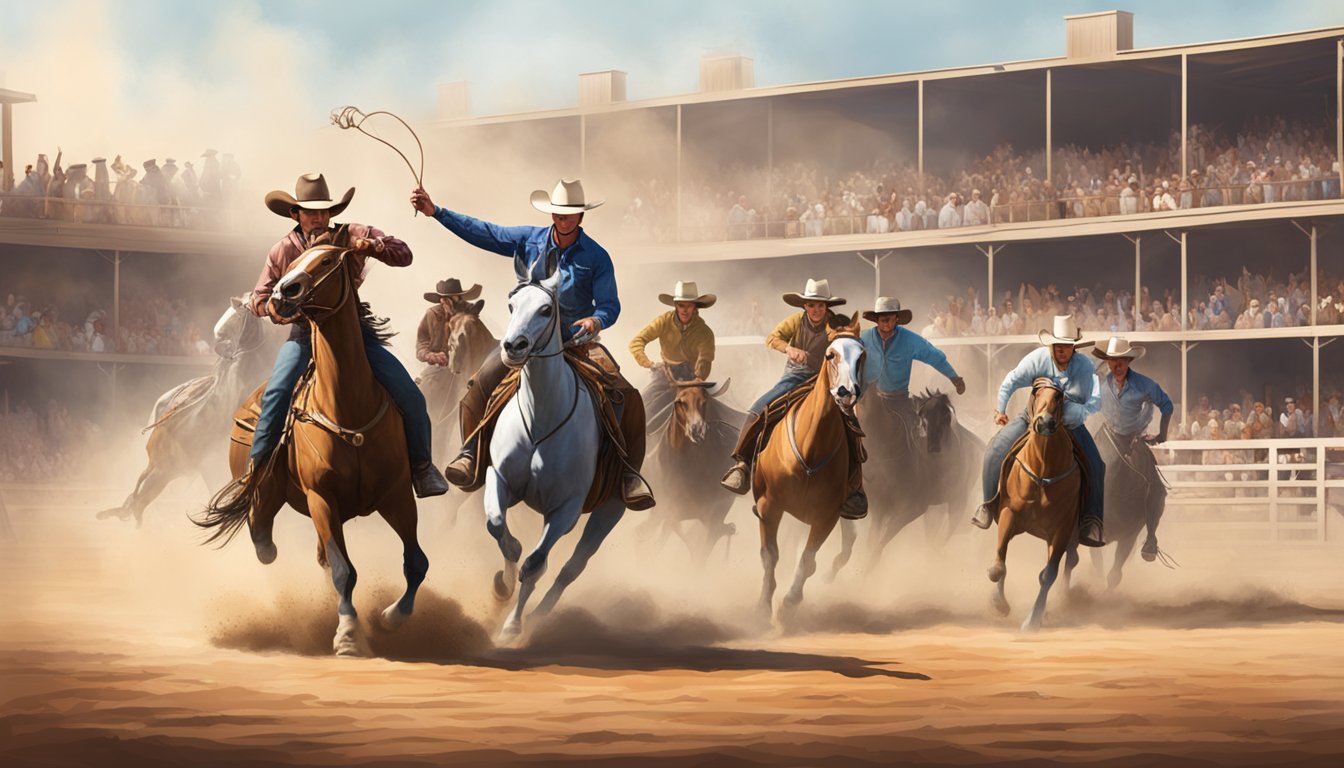 Cowboys riding horses in a dusty arena, lassoing cattle and competing in rodeo events with a crowd of spectators cheering