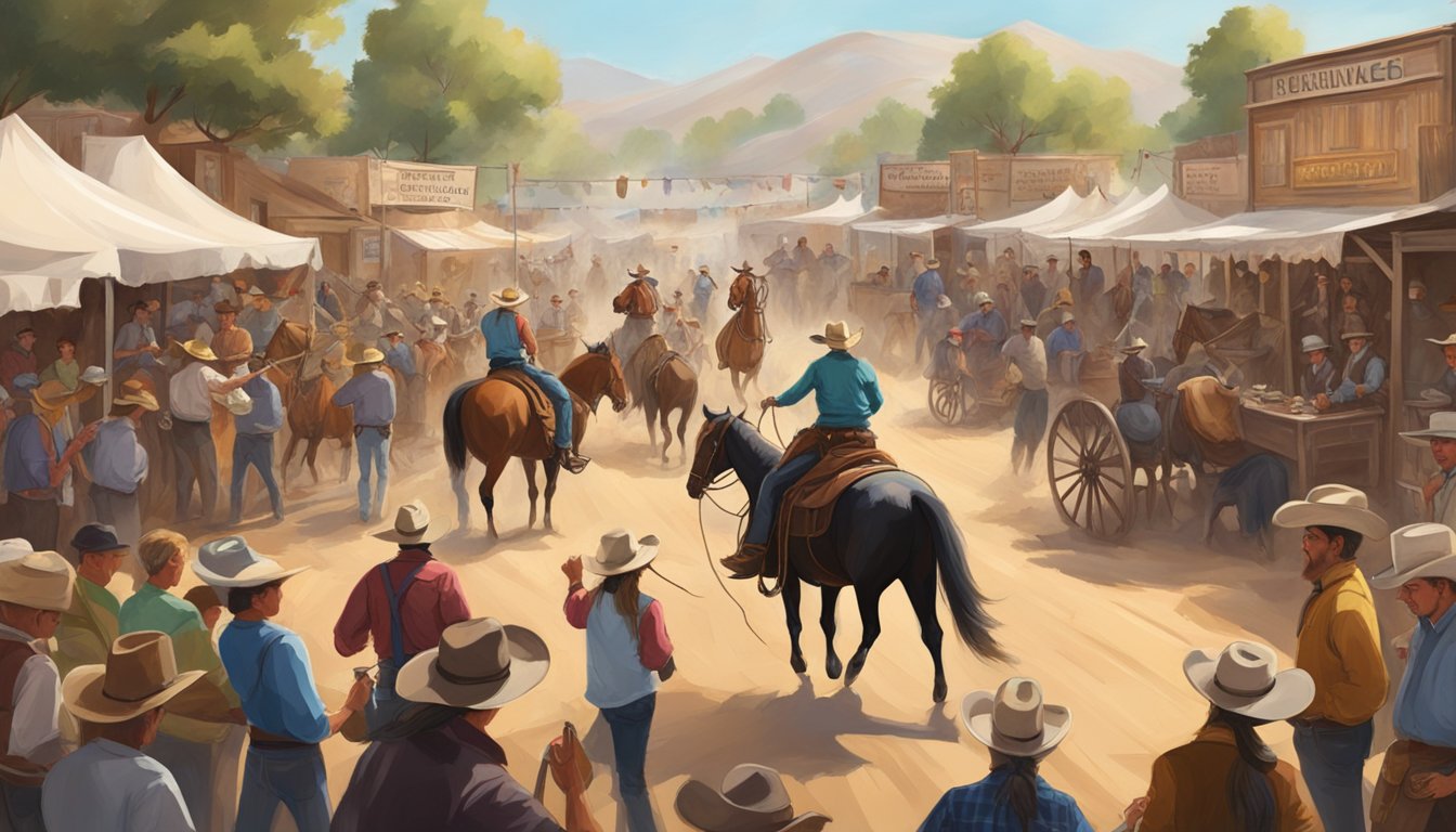 A bustling cowboy festival with workshops and competitions, surrounded by educational activities and lively entertainment