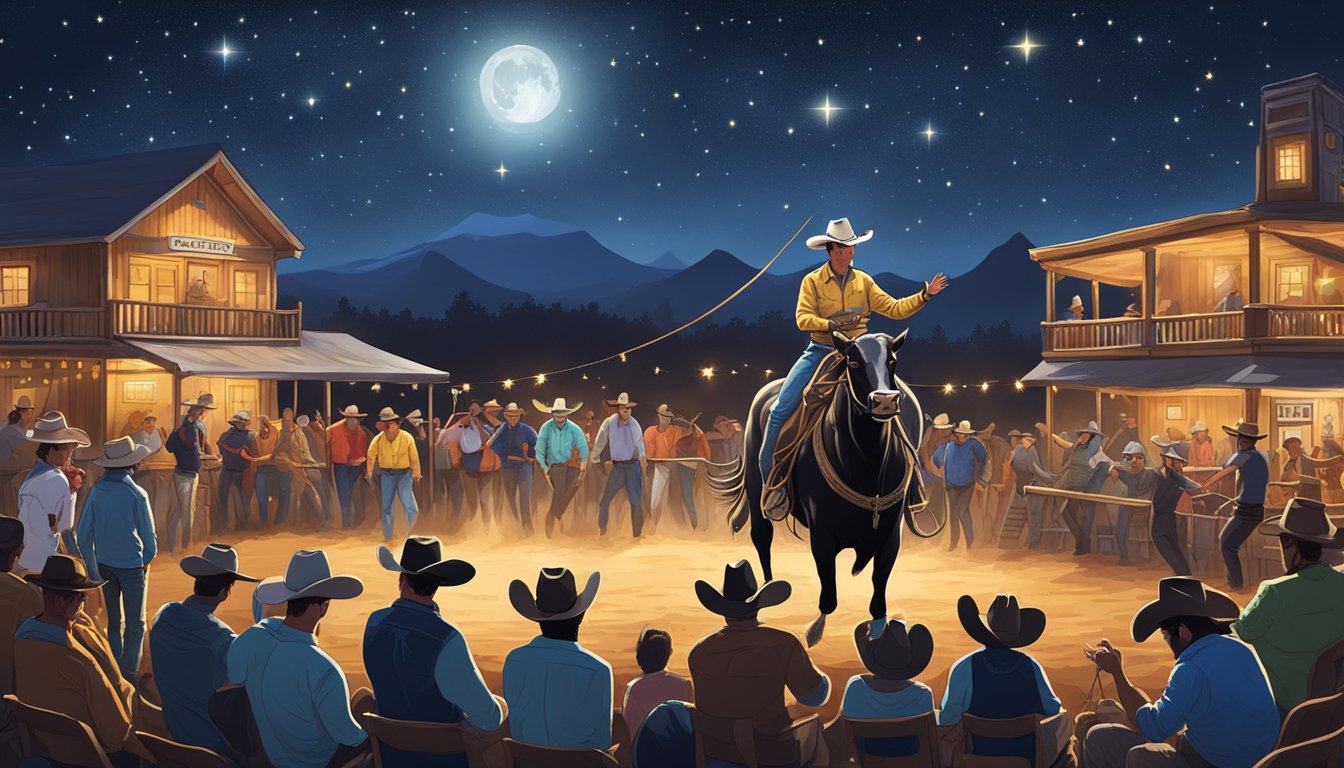 A lively cowboy festival with bull riding, lasso competitions, and live music under a starry night sky