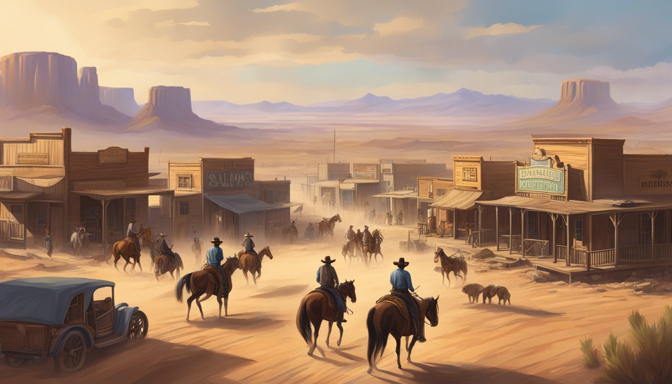 A dusty western town with saloons, cowboys on horseback, and a sprawling desert landscape in the background