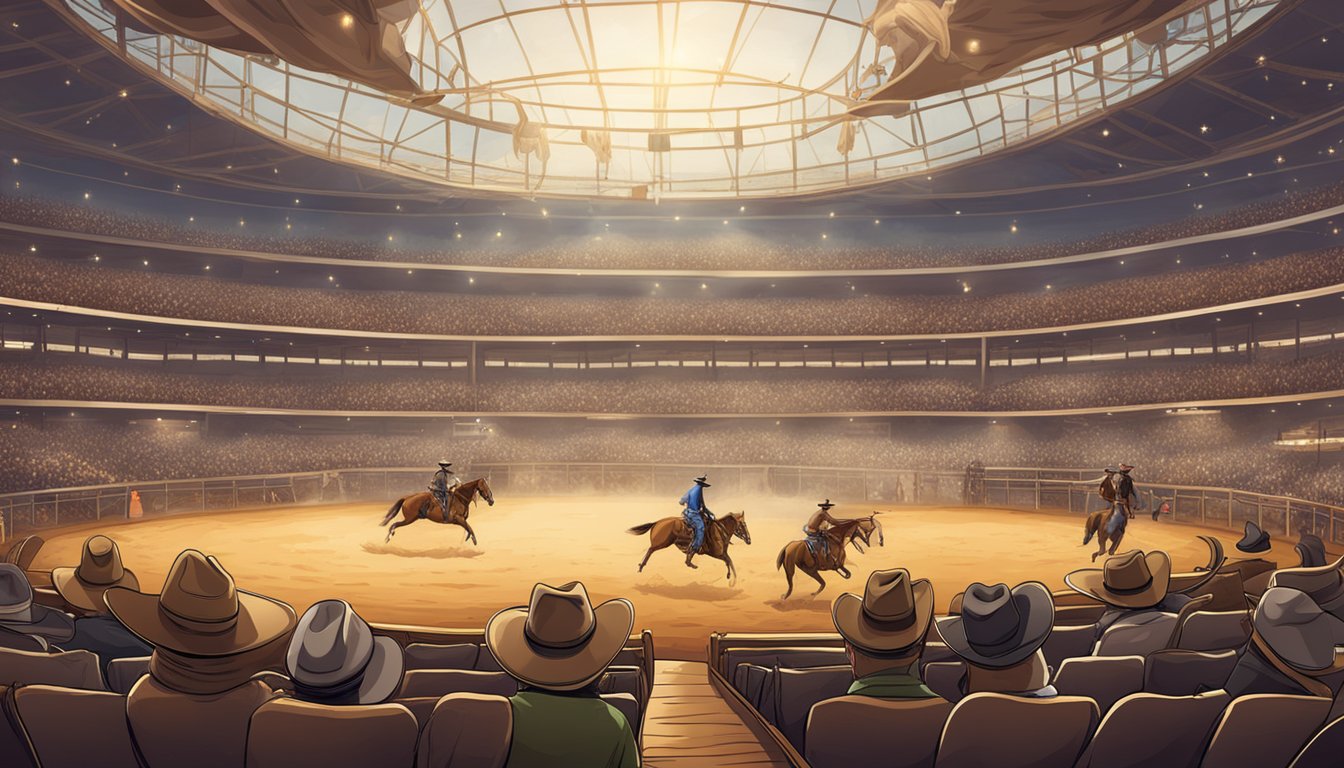 A dusty rodeo arena filled with cowboy hats, boots, lassos, and saddles. A stage is adorned with banners advertising the best cowboy festivals and competitions