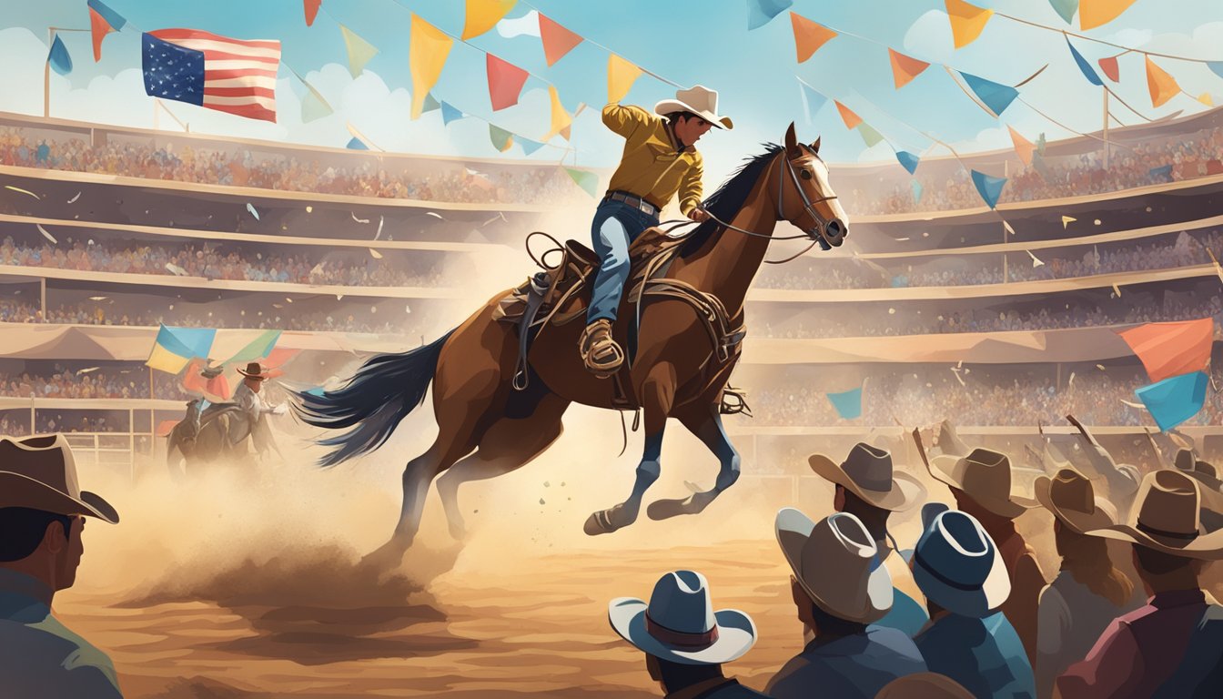 A dusty rodeo arena filled with cheering spectators, colorful flags, and cowboys showcasing their roping and riding skills