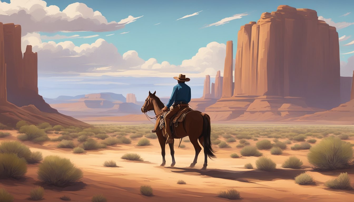 A lone cowboy rides through a rugged desert landscape, with towering mesas and a vast open sky in the background. The setting reflects the iconic imagery of classic western movies