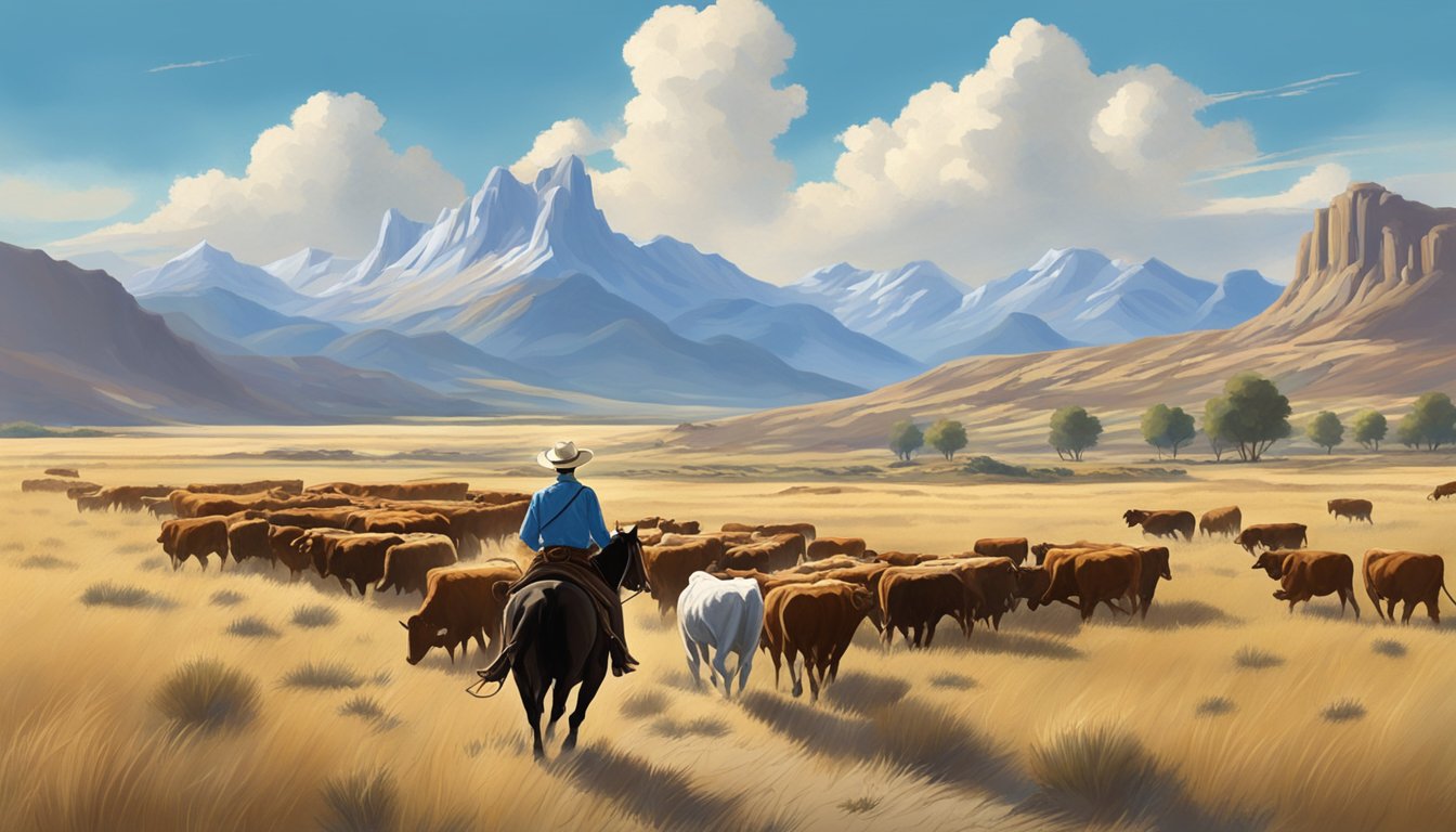 A lone cowboy herding cattle across a vast open prairie, with a backdrop of rugged mountains and a bright blue sky