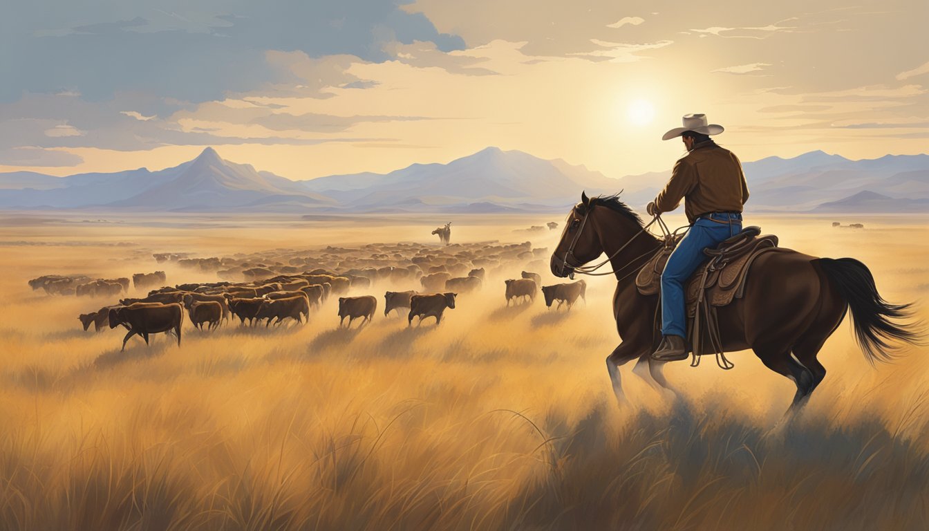 A lone cowboy on horseback herding cattle across a vast open prairie, with the iconic image of a lasso being swung overhead