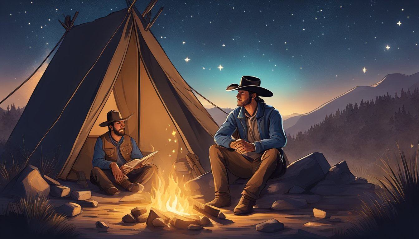 A lone cowboy sits by a campfire under a starry sky, reciting poetry to his fellow cowboys. The sound of crackling fire and the soft rhythm of his words fill the air