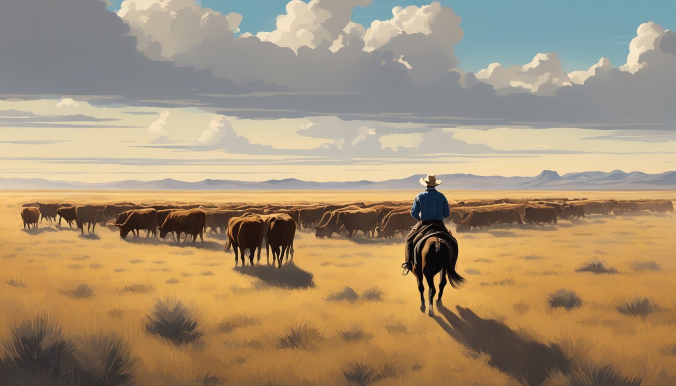 A herd of cattle grazing on vast open plains, with a lone cowboy on horseback overseeing the animals, capturing the essence of cowboy culture and the economic impact of livestock on the American West