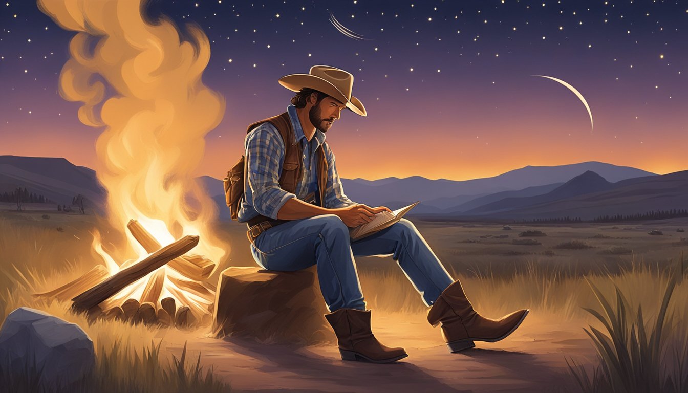 A lone cowboy sits by a campfire, reciting poetry to a mesmerized audience of fellow ranchers. The stars twinkle above as the words of the cowboy's verse echo through the open range