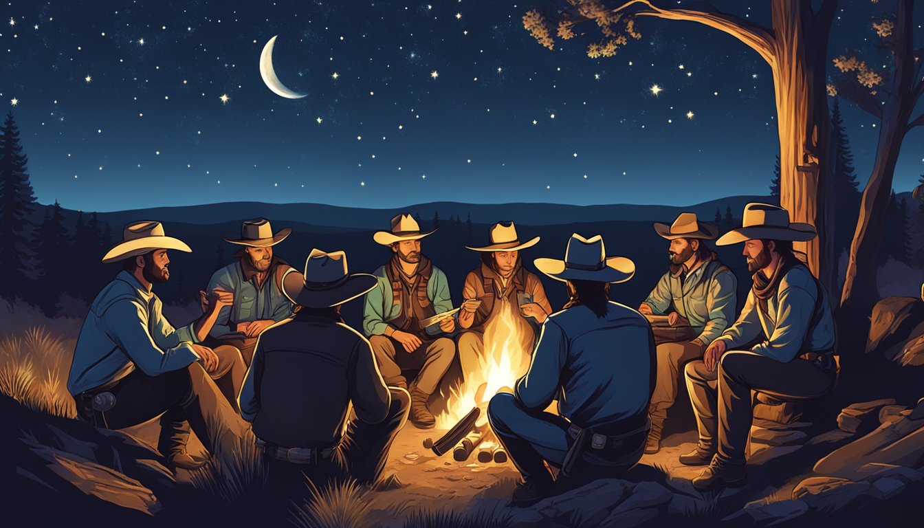 A group of cowboy poets gather around a campfire, reciting their works under the starry night sky