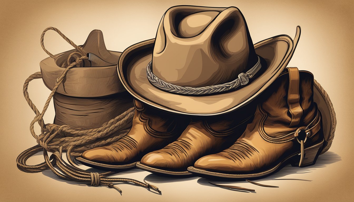 A lone cowboy hat and worn leather boots sit next to a lasso and saddle, symbolizing the deep cultural significance of livestock to cowboy attire and gear