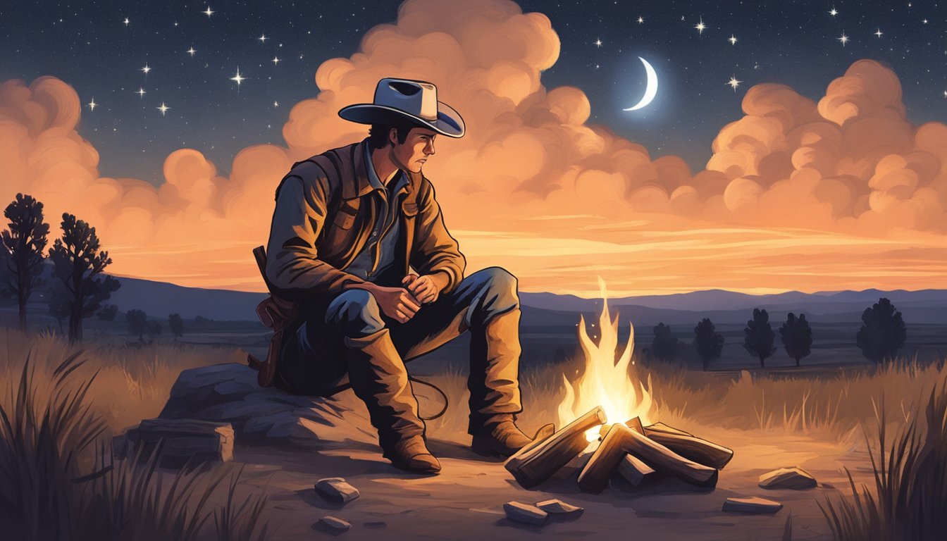 A lone cowboy sits by a crackling campfire under a starry sky, reciting poetry to his fellow riders. His words echo through the vast, open plains