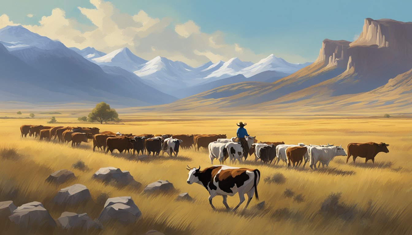 A cowboy herding cattle across a vast, open prairie with a backdrop of rugged mountains and a bright, blue sky