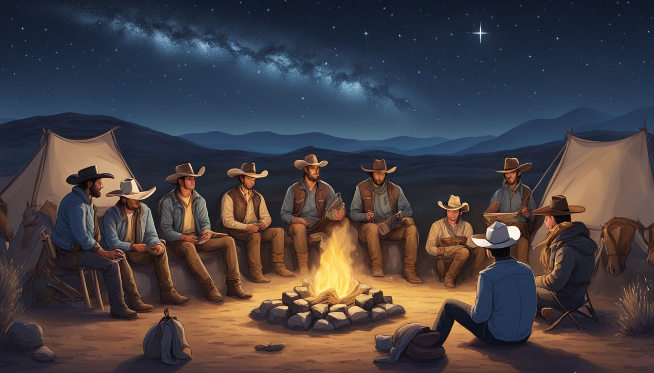 A lone cowboy recites poetry around a campfire, surrounded by fellow cowboys and their horses under a starry night sky