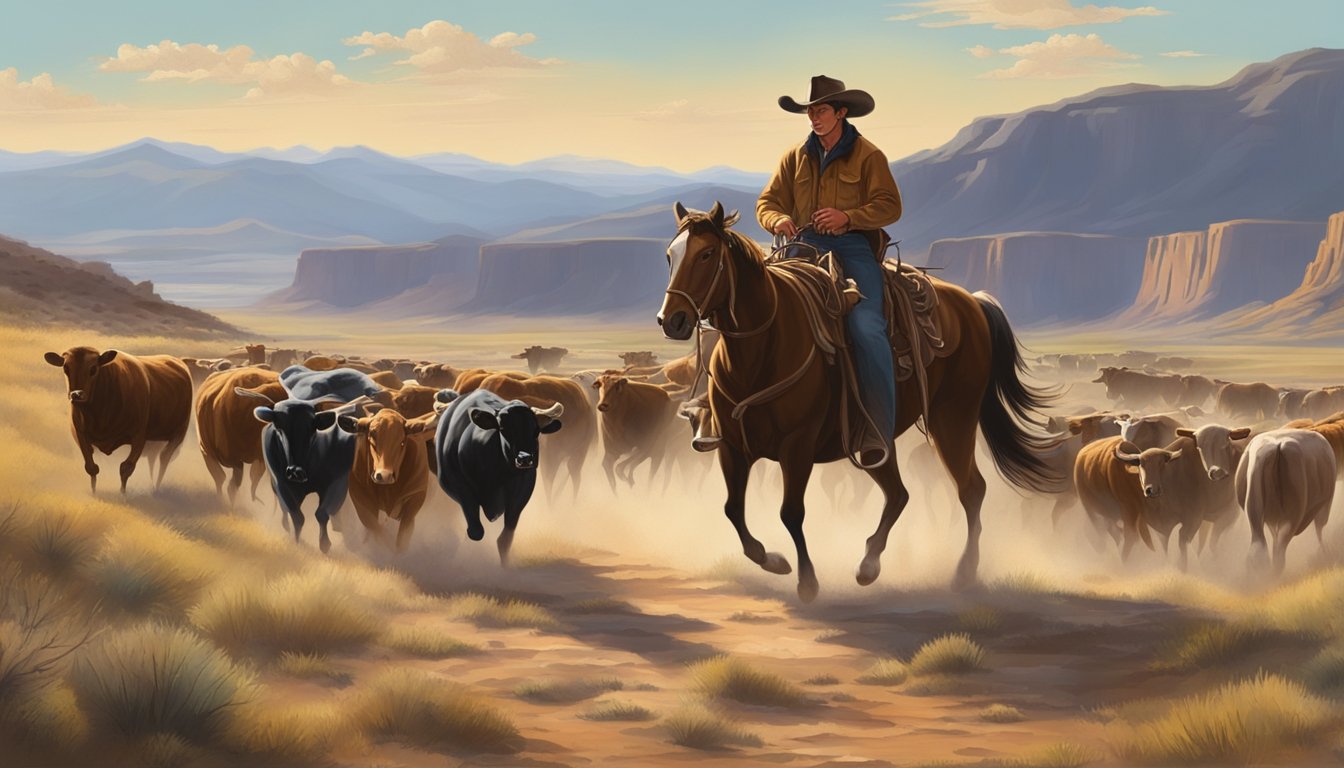 A lone cowboy herding cattle across a vast, rugged landscape, showcasing the importance of livestock to cowboy culture