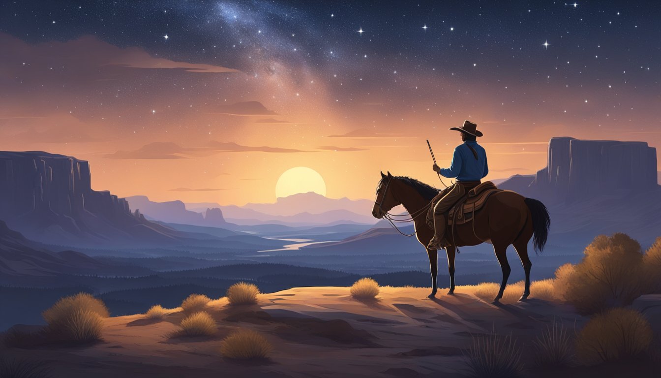 A lone cowboy on horseback recites poetry under a starry sky, surrounded by the rugged beauty of the western landscape