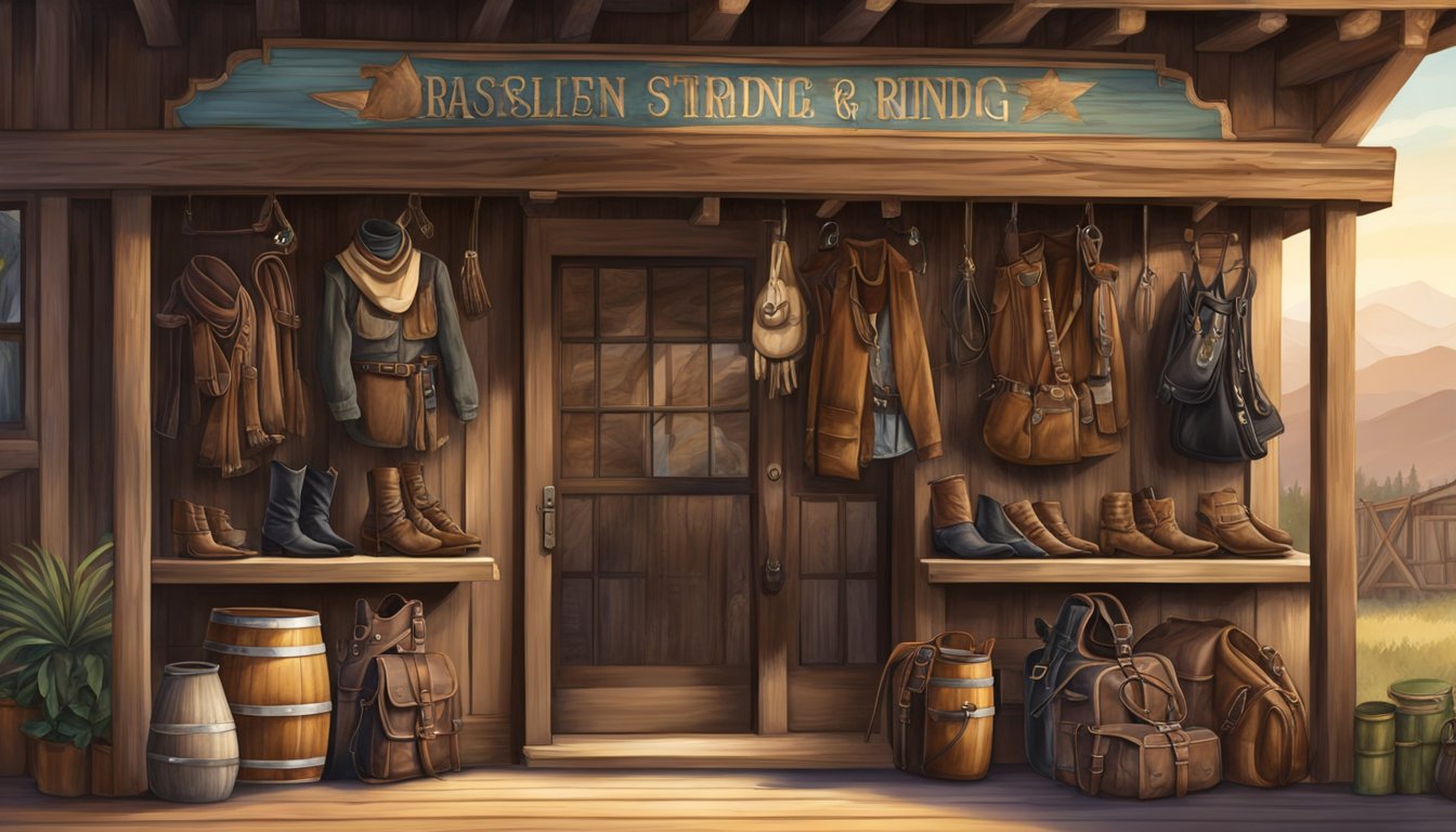 A rustic western storefront displays top-quality horseback riding gear and notable brands