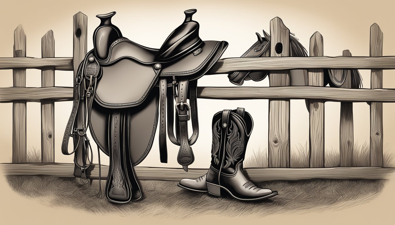 A cowboy hat, boots, saddle, and bridle arranged neatly on a wooden fence, with a majestic horse standing in the background