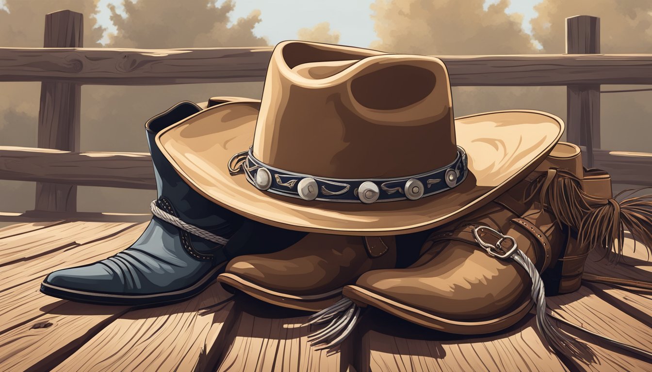 A cowboy hat, boots, saddle, and lasso lay scattered on the ground near a wooden fence, ready for a day of horseback riding