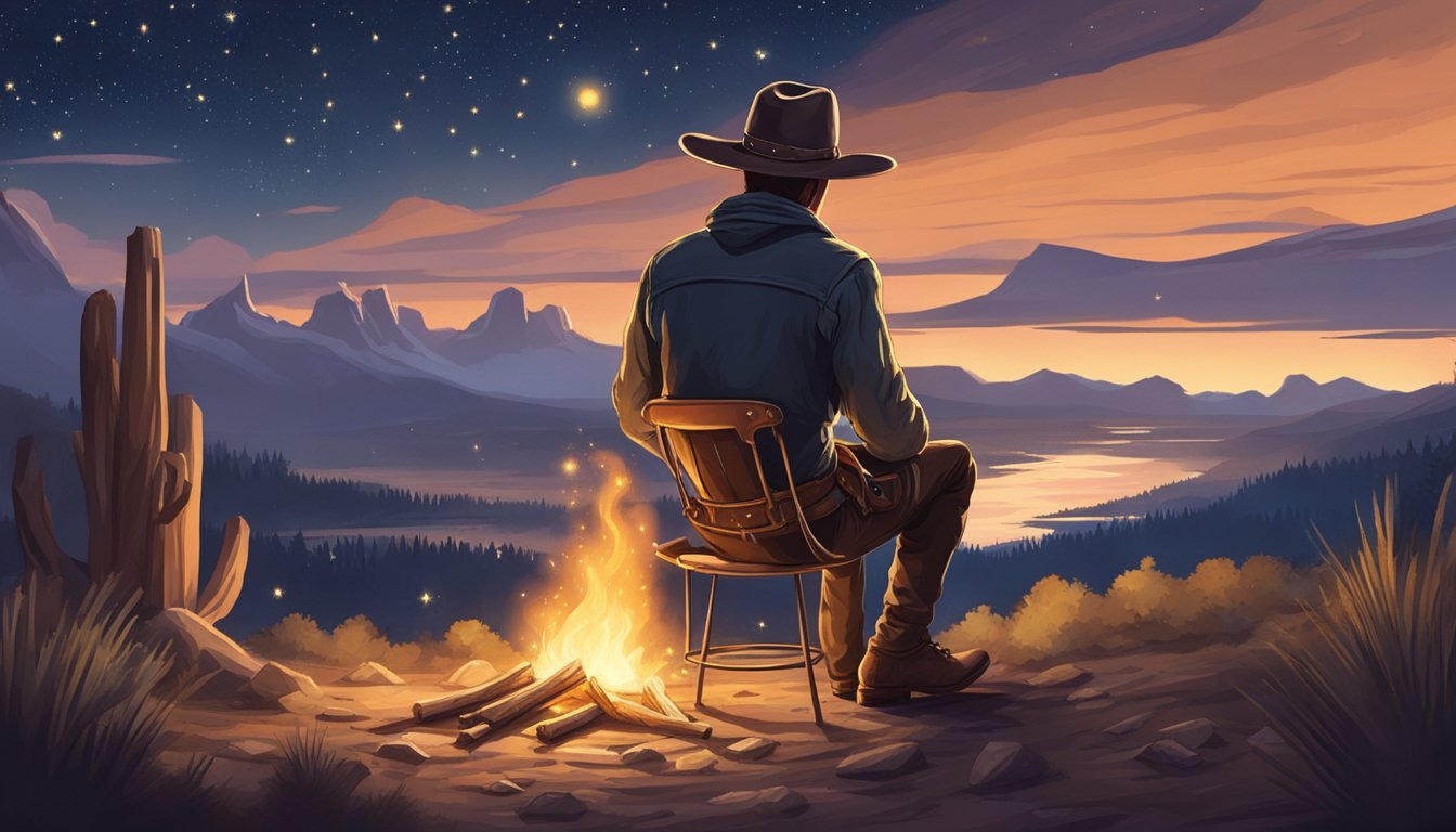 A lone cowboy sits around a crackling campfire under a starry sky, spinning wild tales of adventure and daring feats to a captivated audience