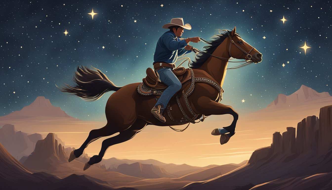 A lone cowboy riding a bucking bronco under a starry sky