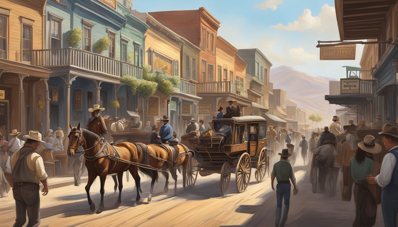 A bustling western town with horse-drawn carriages, saloons, and dusty streets filled with tourists in cowboy hats and boots