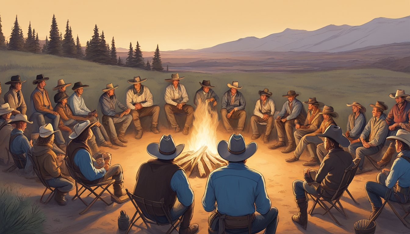 A lone cowboy sitting around a campfire, spinning exaggerated tales to a rapt audience of fellow cowboys