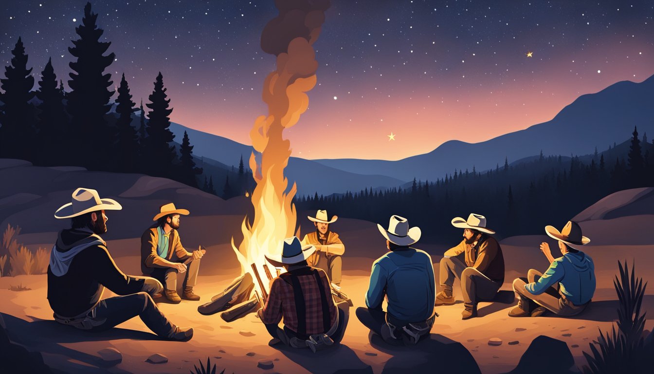 A campfire surrounded by cowboys, exchanging exaggerated stories under the starry night sky