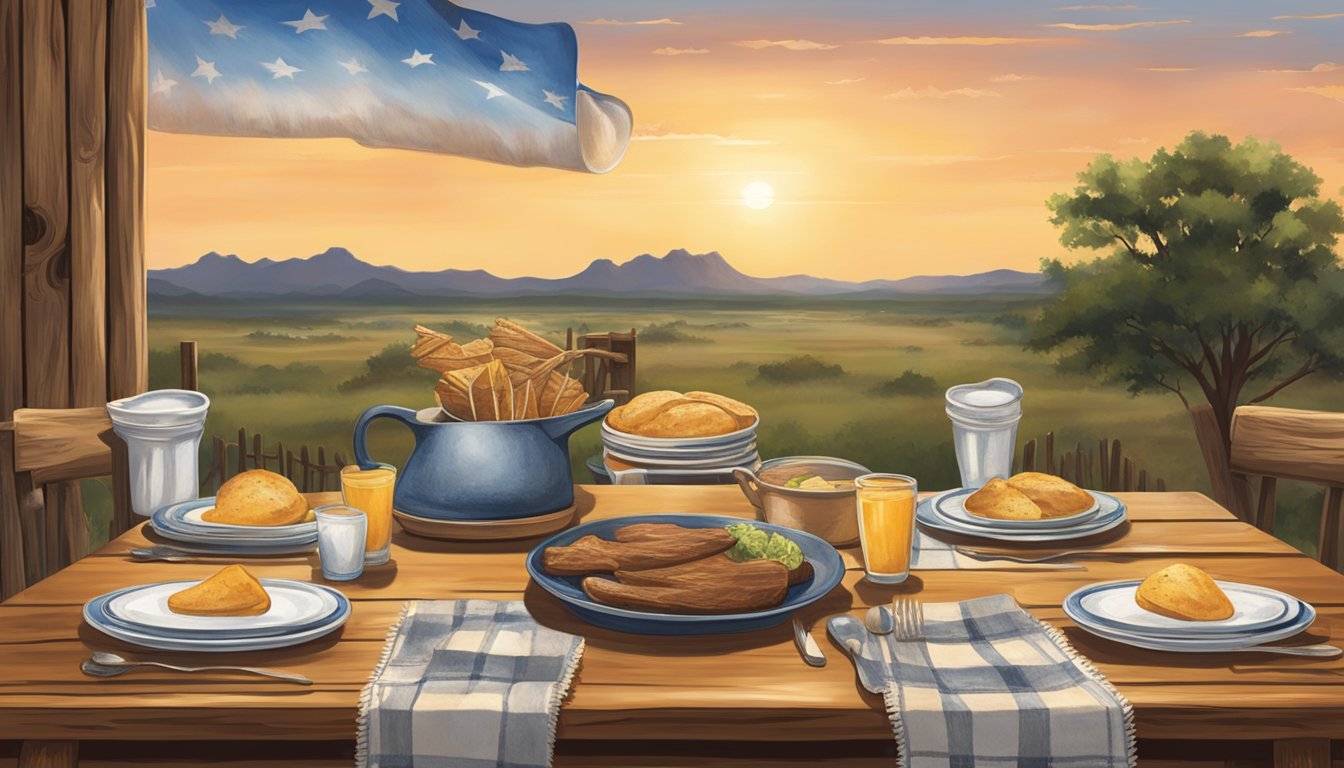 A rustic table set with Texas-inspired dishes, surrounded by cowboy boots and hats, with a lone star centerpiece and a backdrop of the Texas landscape