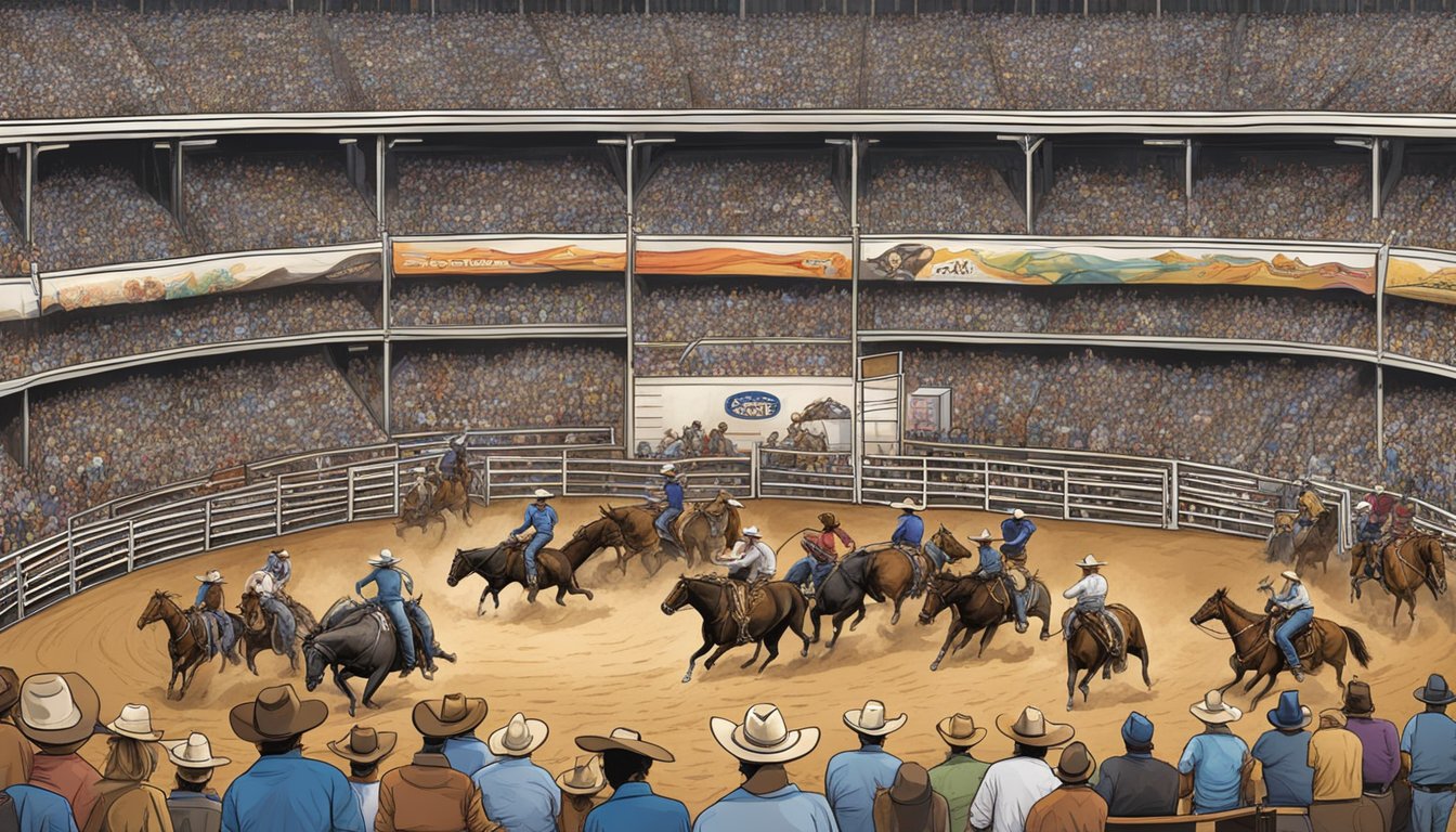 A bustling rodeo arena with cheering spectators, cowboys competing in bull riding, barrel racing, and roping events, surrounded by vendors selling western-themed merchandise