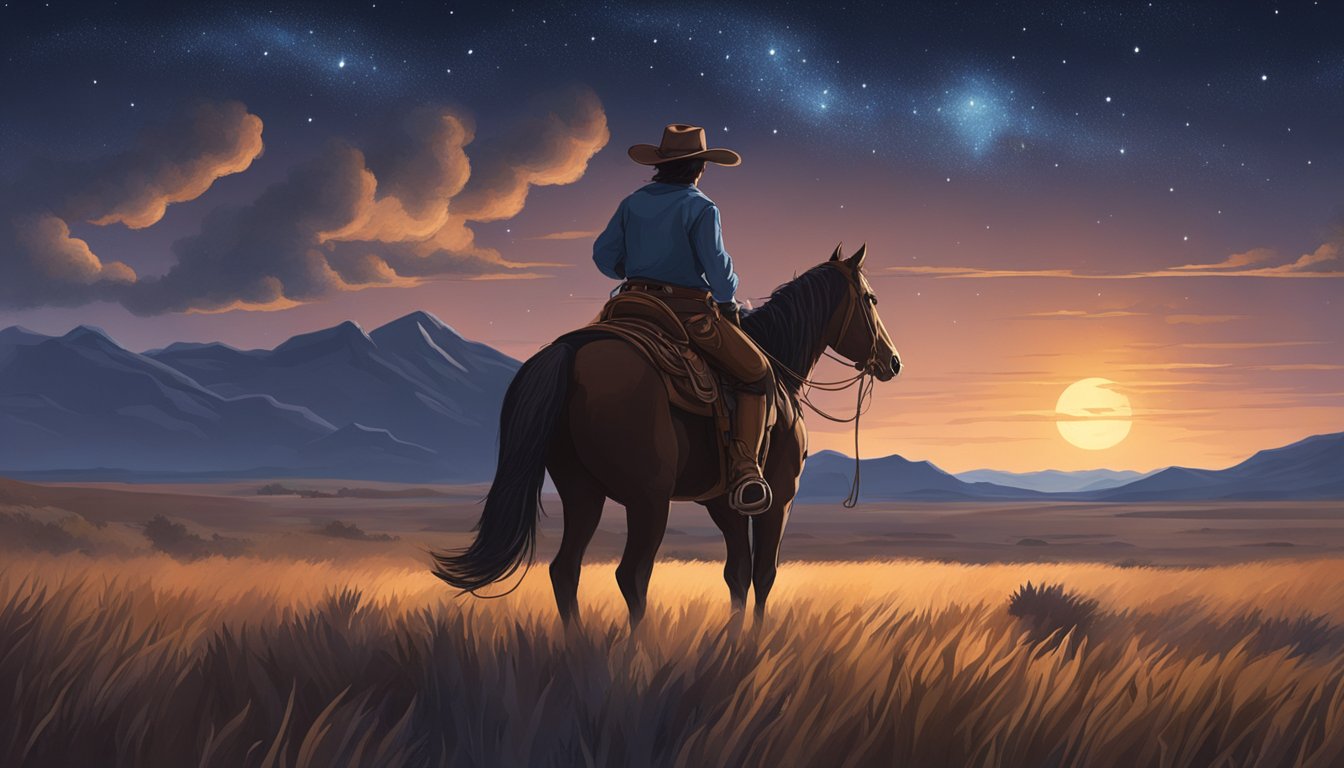 A lone cowboy riding across a vast, open prairie, with a campfire and a starry night sky in the background