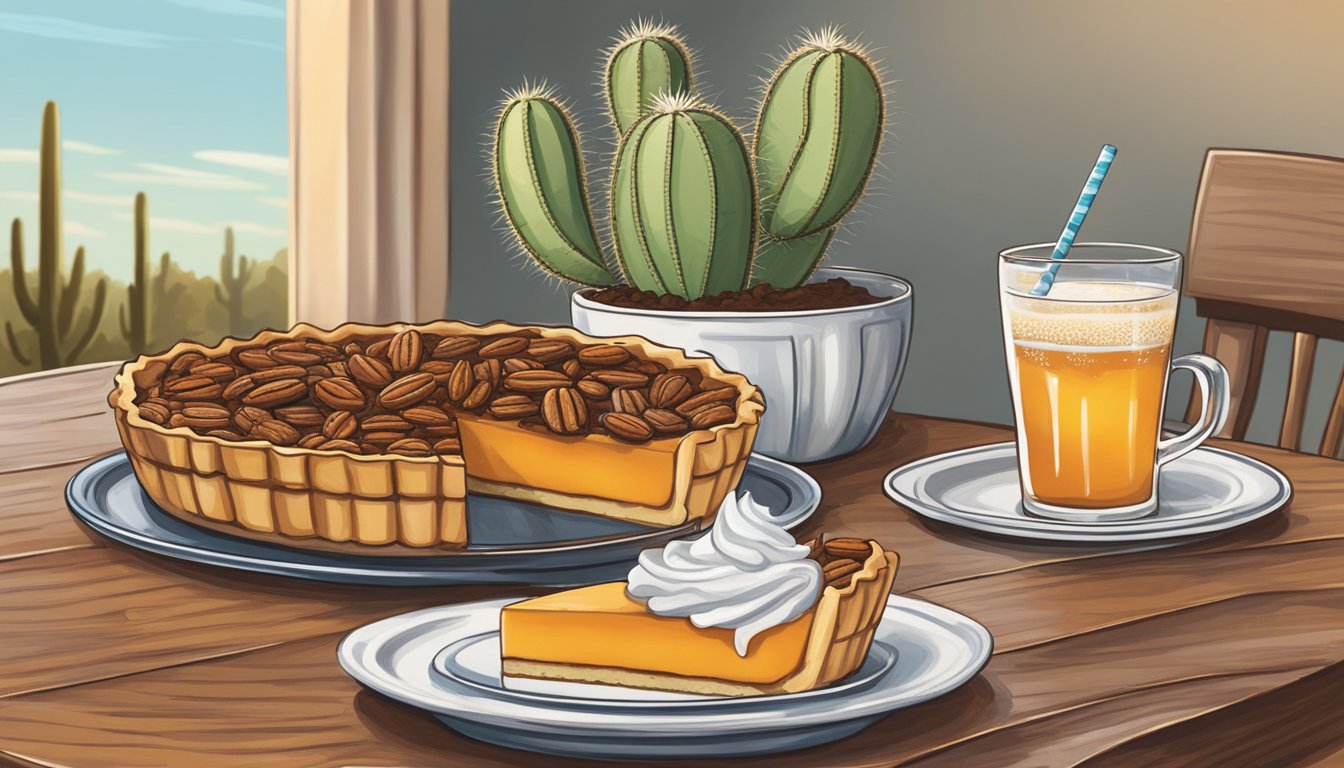 A table set with pecan pie, pumpkin cheesecake, and glasses of sweet tea under a lone star and cactus centerpiece