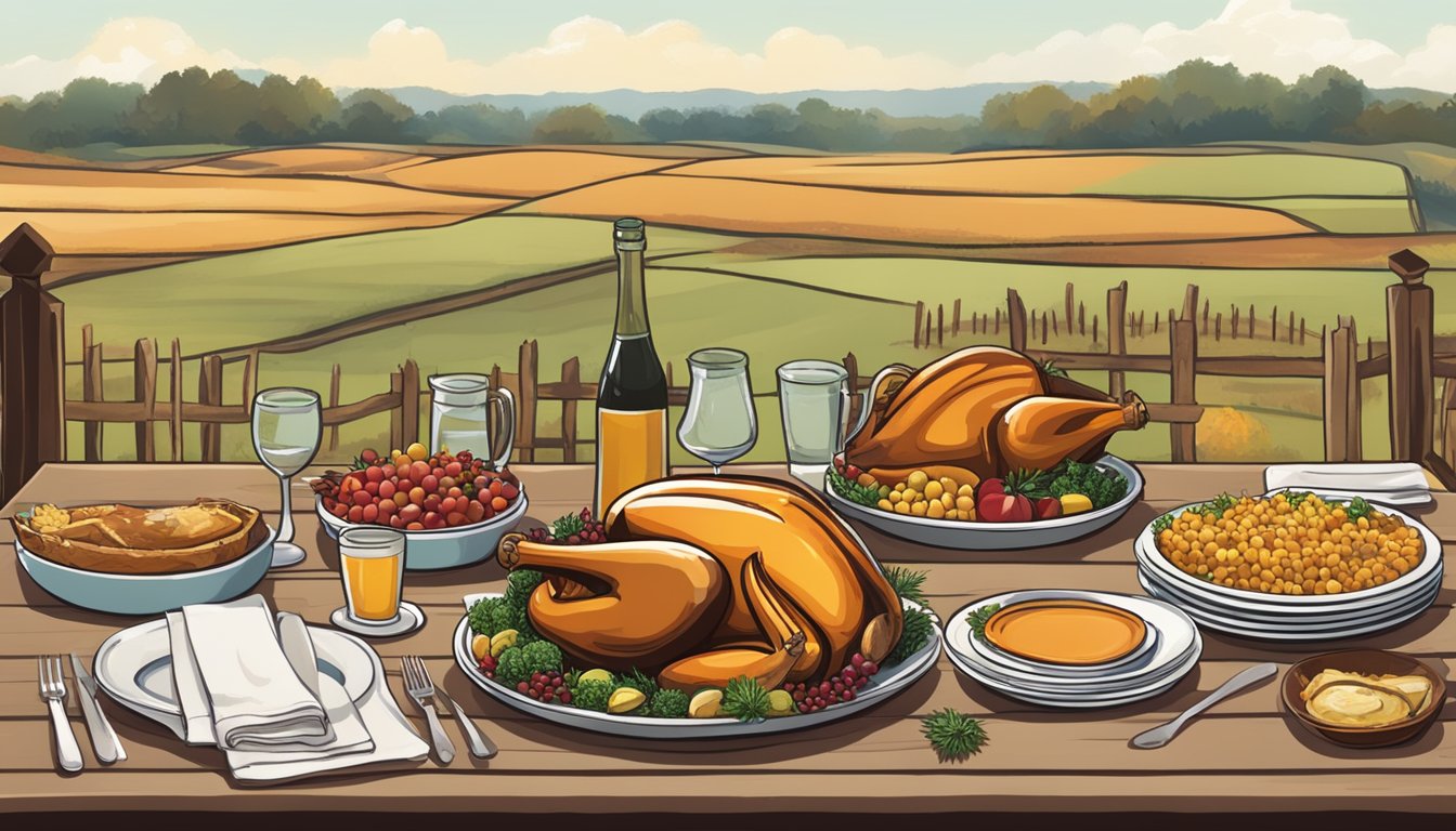 A rustic outdoor table set with Texas-inspired Thanksgiving dishes, surrounded by fields and a lone star