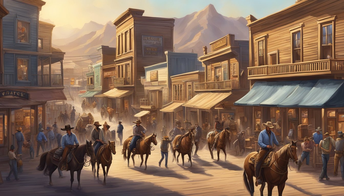 A bustling western town with cowboy-themed attractions and tourists exploring shops and rodeo events