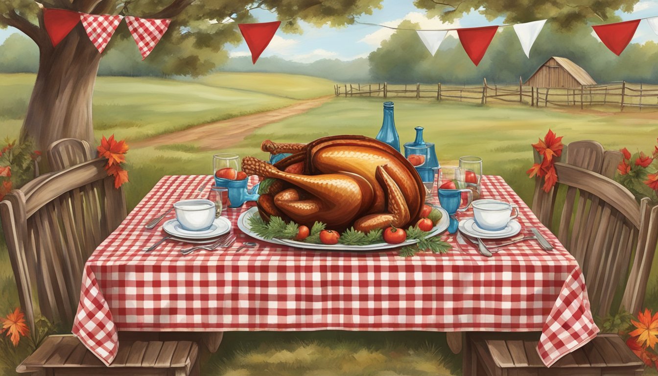 A rustic outdoor table adorned with red and white checkered tablecloth, surrounded by cowboy boots and hats, with a large turkey centerpiece and Texas-inspired decorations