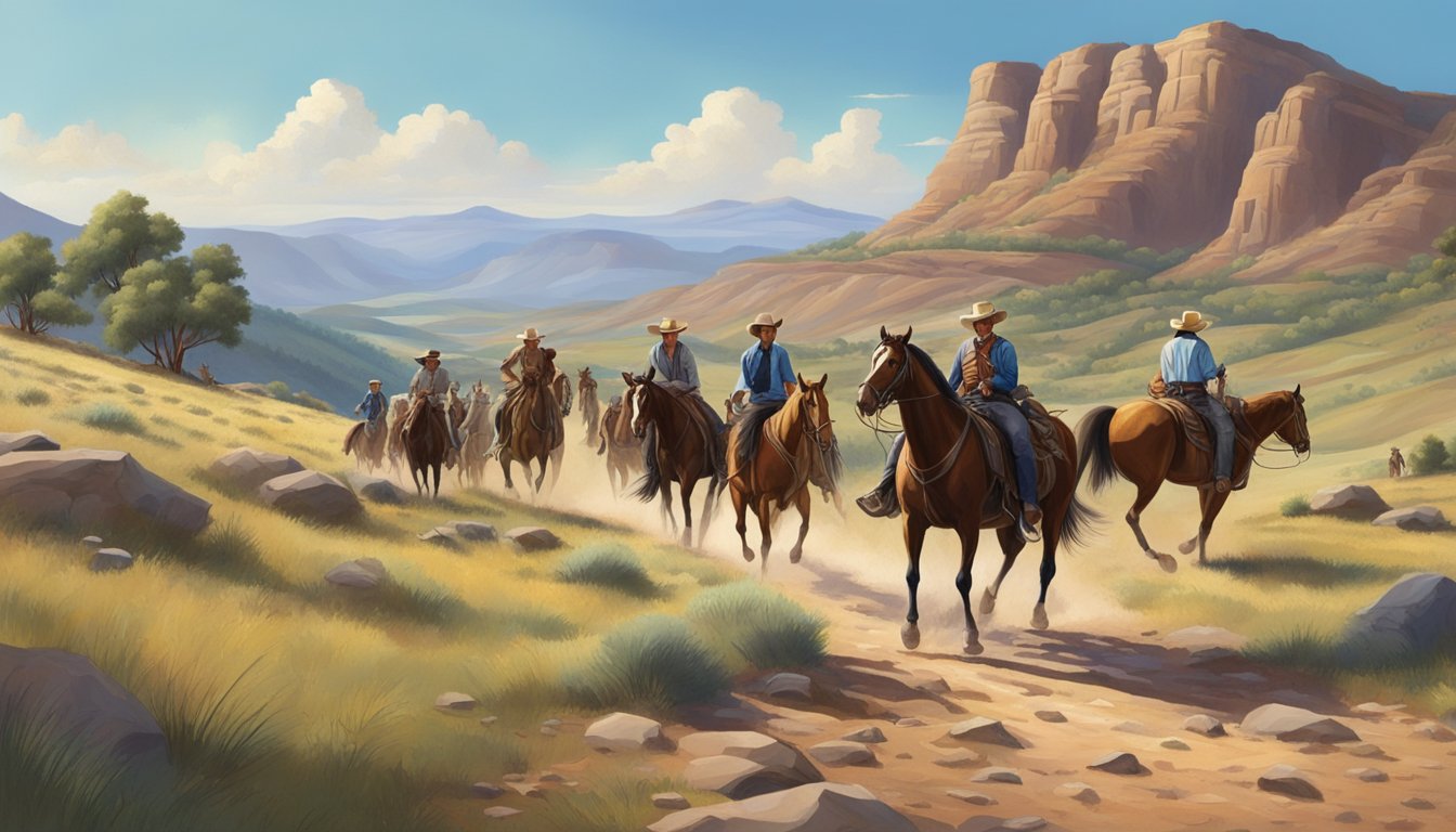 A cowboy leading a group of tourists on horseback through a rugged, scenic landscape, with a backdrop of rolling hills and a clear, blue sky