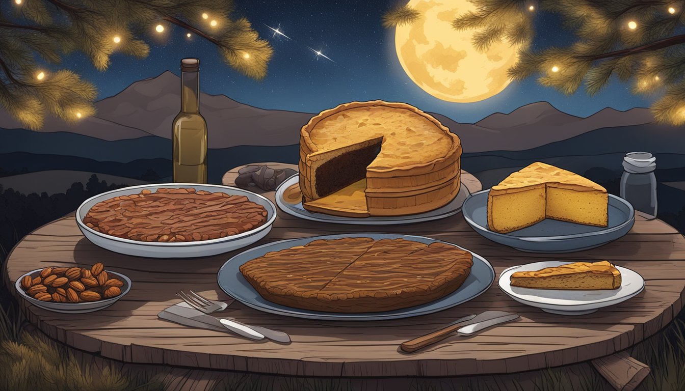 A rustic outdoor table set with a bounty of smoked meats, cornbread, and pecan pie under a lone starry night