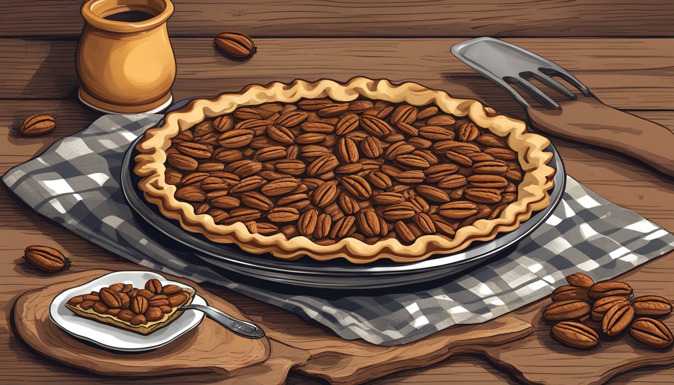 A rustic kitchen table with a freshly baked pecan pie as the centerpiece, surrounded by scattered pecans and a vintage pie server