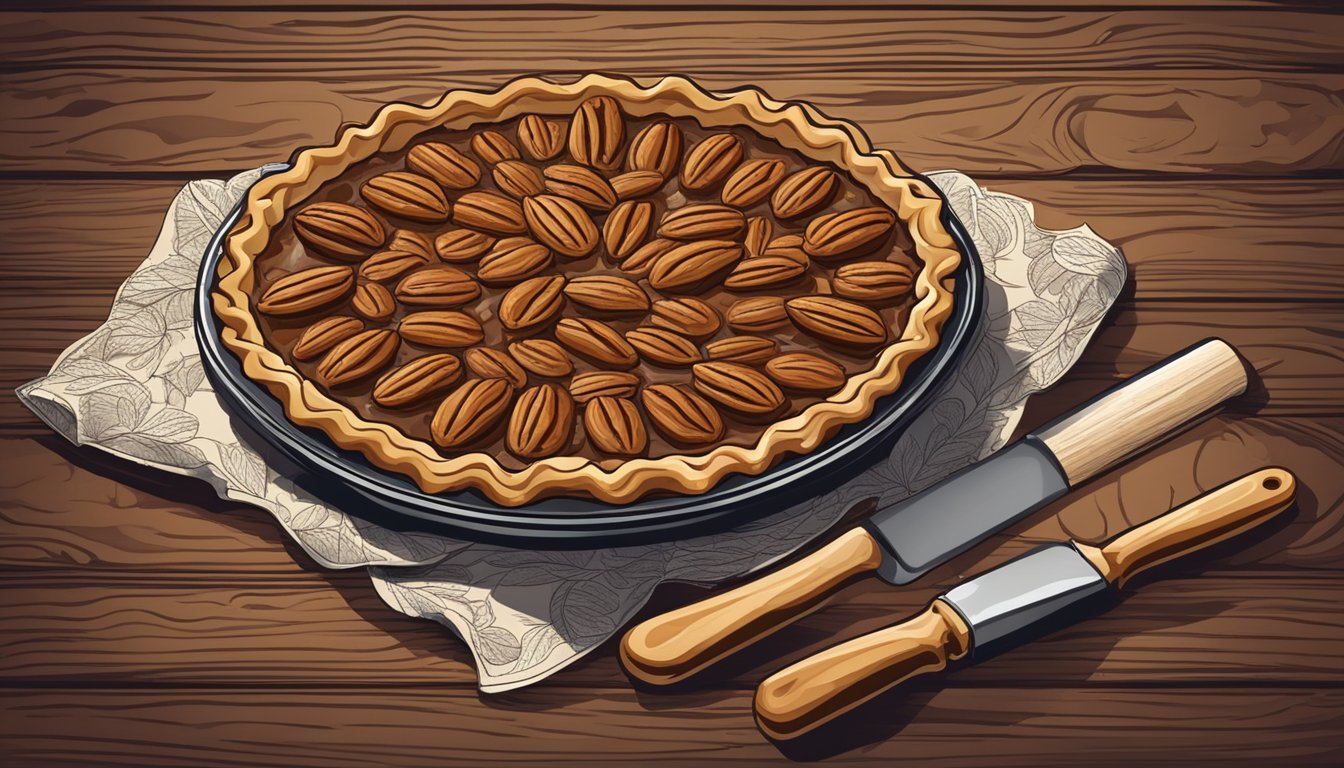 A pecan pie sits on a rustic wooden table, surrounded by pecans and a rolling pin. The golden crust is fluted and adorned with intricate leaf designs