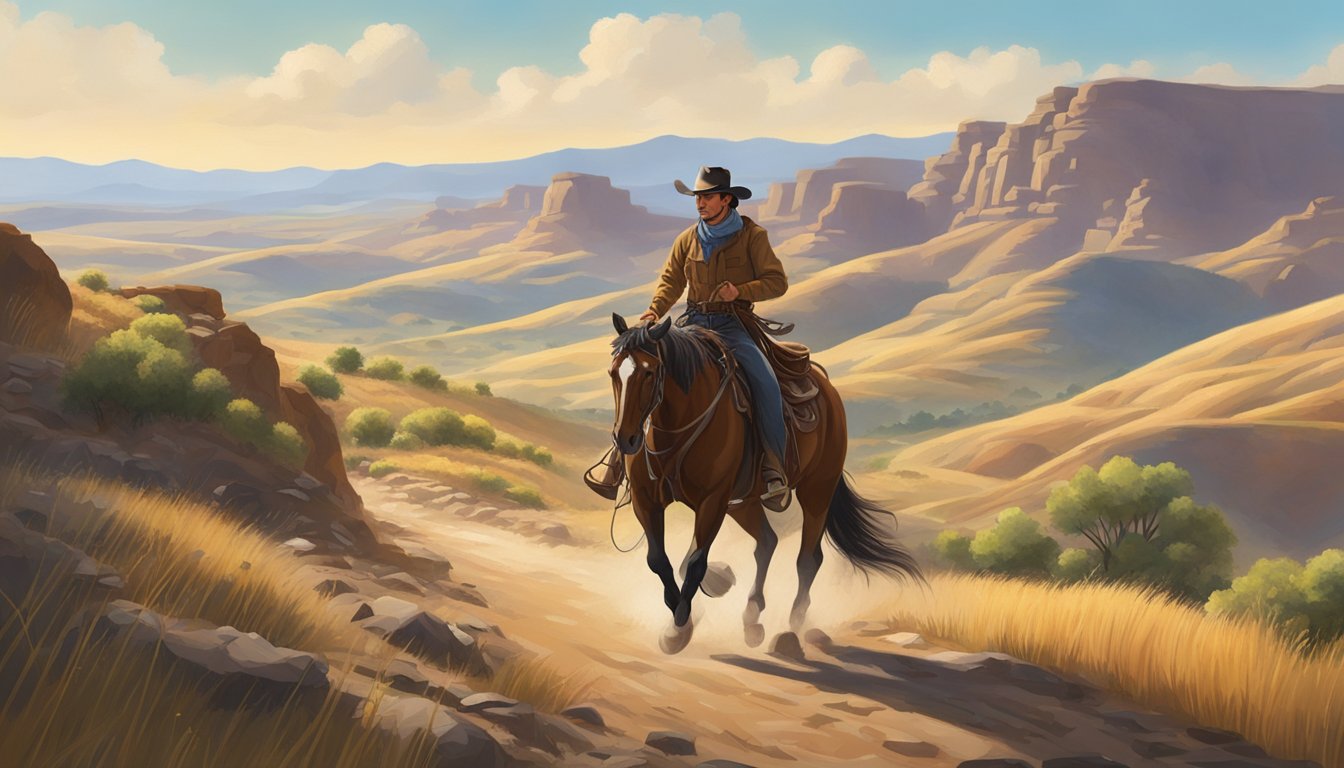 A working cowboy riding a horse through a rugged landscape, lasso in hand, with a backdrop of rolling hills and a bright blue sky