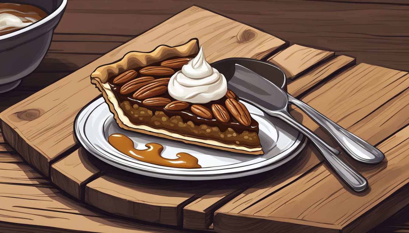 A slice of pecan pie on a rustic wooden table, surrounded by a dollop of whipped cream and a small dish of caramel sauce