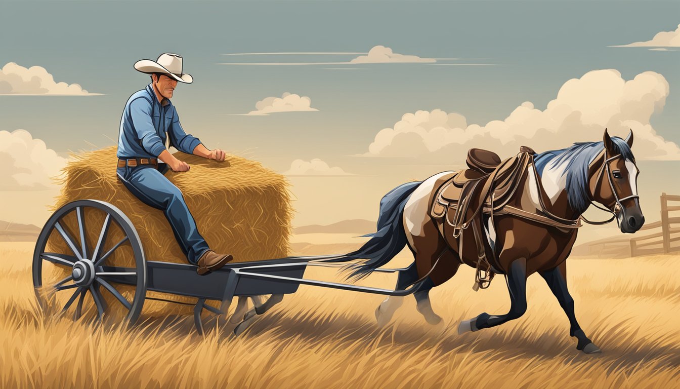 A cowboy lassos a hay bale, squats with a saddle, and runs with a wheelbarrow